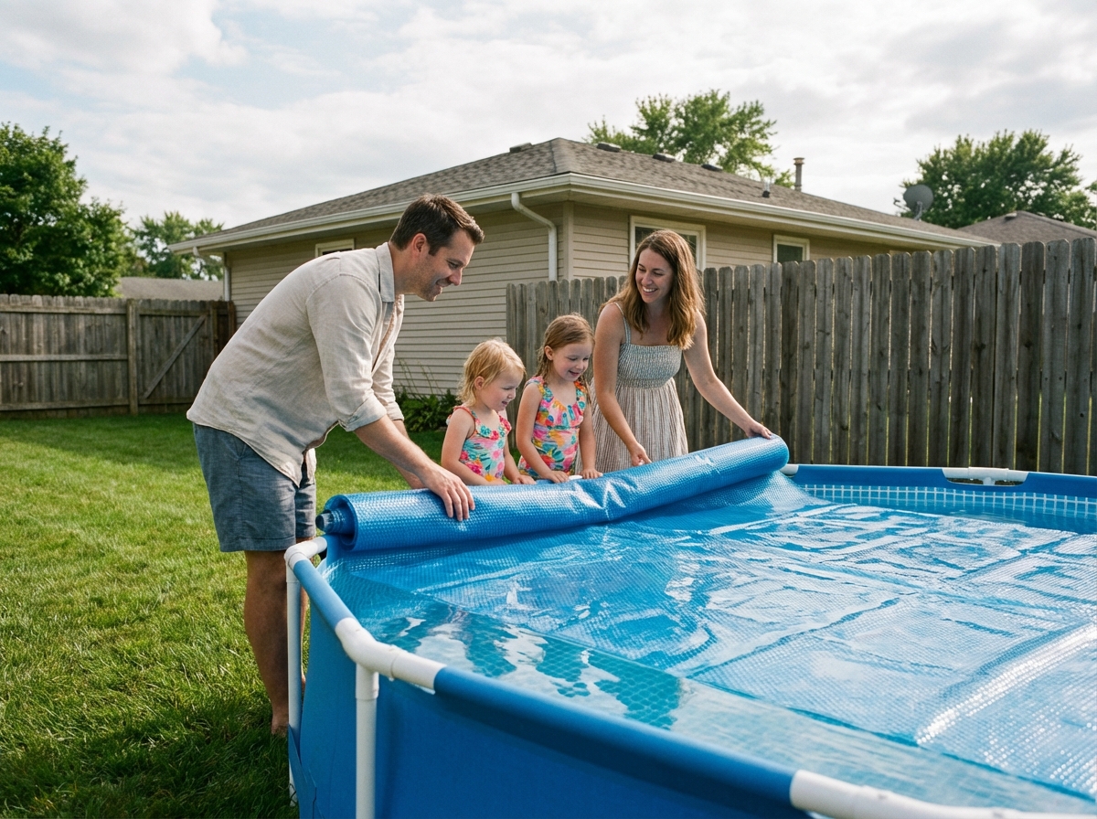 Famille souriante autour d'une piscine gonflable en été