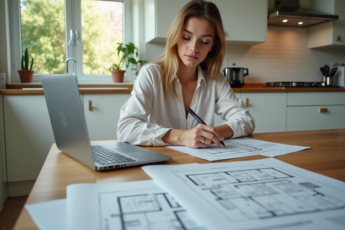 Jeune femme en intérieur avec plans et ordinateur à la cuisine