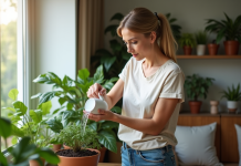Femme arrosant une plante verte dans un salon lumineux