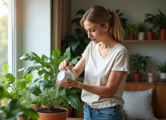 Femme arrosant une plante verte dans un salon lumineux