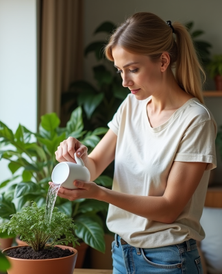 Femme arrosant une plante verte dans un salon lumineux