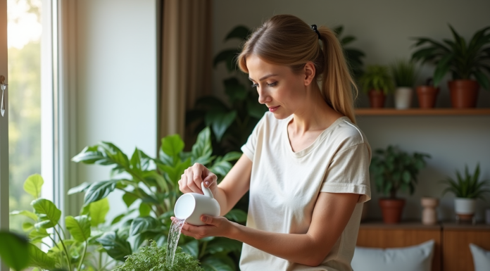 Femme arrosant une plante verte dans un salon lumineux
