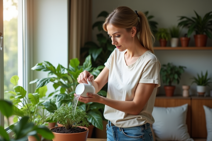 Femme arrosant une plante verte dans un salon lumineux