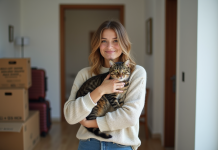 Jeune femme avec chat dans un appartement en déménagement