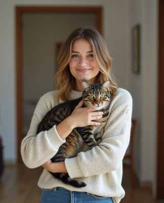 Jeune femme avec chat dans un appartement en déménagement