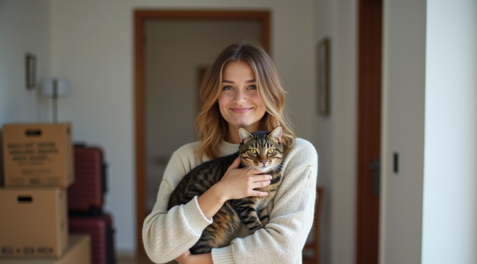 Jeune femme avec chat dans un appartement en déménagement