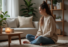 Femme sereine avec bougie dans un salon moderne