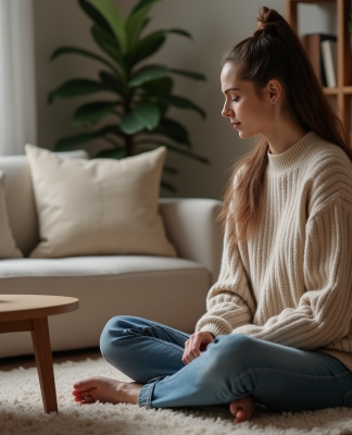 Femme sereine avec bougie dans un salon moderne