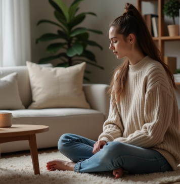 Bougies : parfum le plus populaire en 2025 pour ambiance parfaite ! Femme sereine avec bougie dans un salon moderne