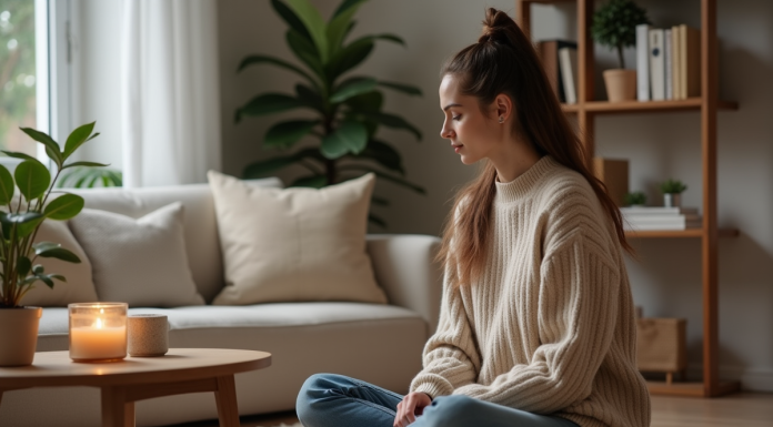 Femme sereine avec bougie dans un salon moderne