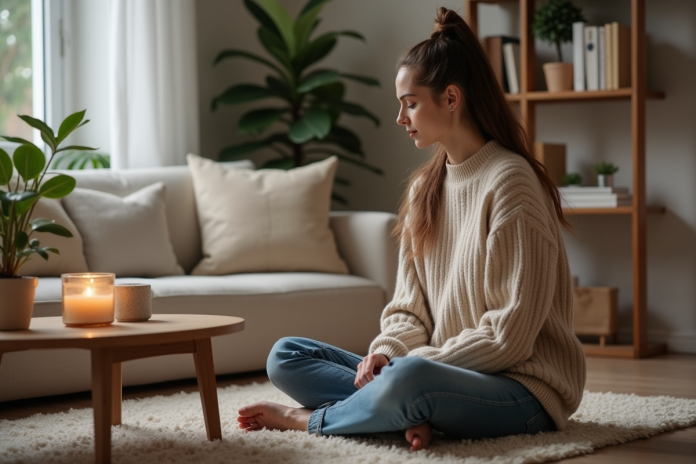 Femme sereine avec bougie dans un salon moderne