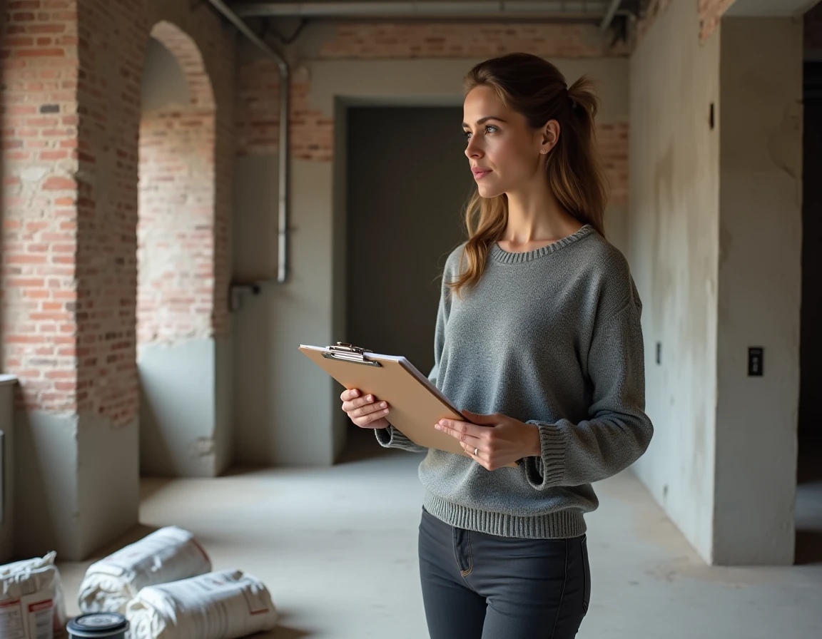 Femme tenant un presse-papiers avec un budget de r&eacute;novation dans un appartement en travaux