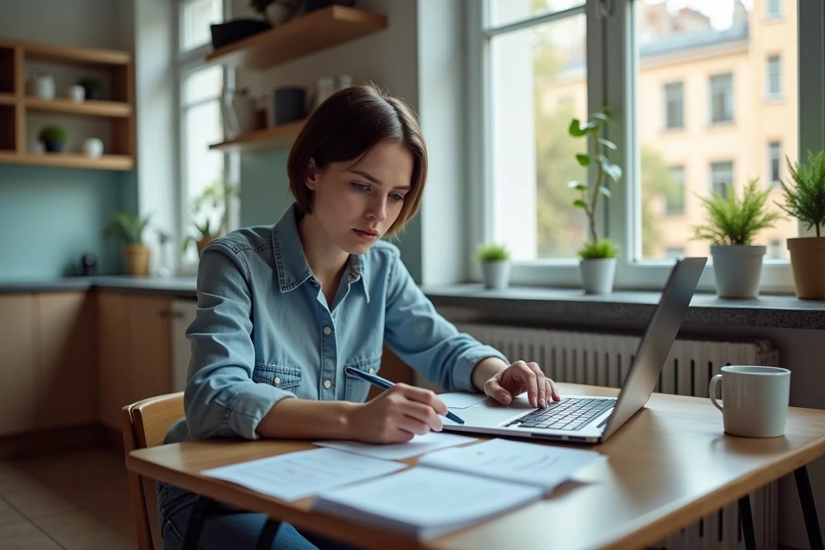 Jeune femme analyse factures et ordinateur à la cuisine