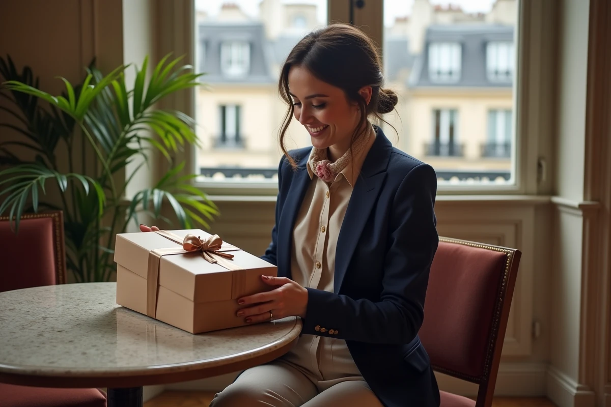 Femme élégante ouvrant un cadeau dans un appartement parisien