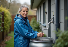 Femme en imperméable bleue recueillant l'eau de pluie