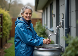 Eau potable : récupérer et filtrer l’eau de pluie efficacement à la maison Femme en imperméable bleue recueillant l'eau de pluie