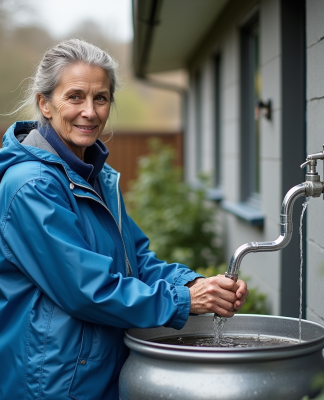 Femme en imperméable bleue recueillant l'eau de pluie