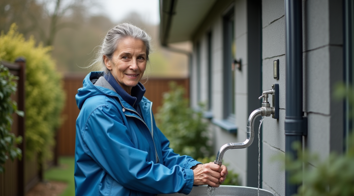 Femme en imperméable bleue recueillant l'eau de pluie