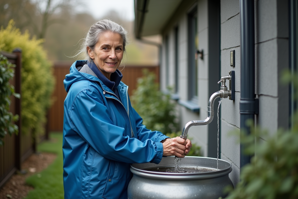 Femme en imperméable bleue recueillant l'eau de pluie