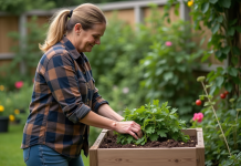 Compost : éviter la pourriture et réussir son compostage Femme en jeans et flanelle compostant dans le jardin