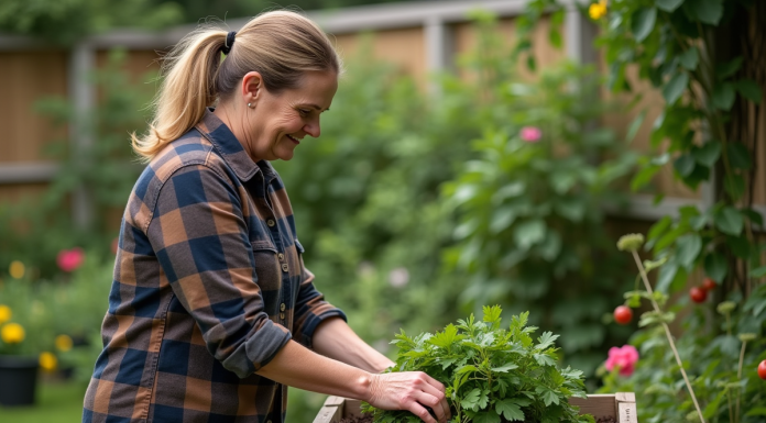 Femme en jeans et flanelle compostant dans le jardin