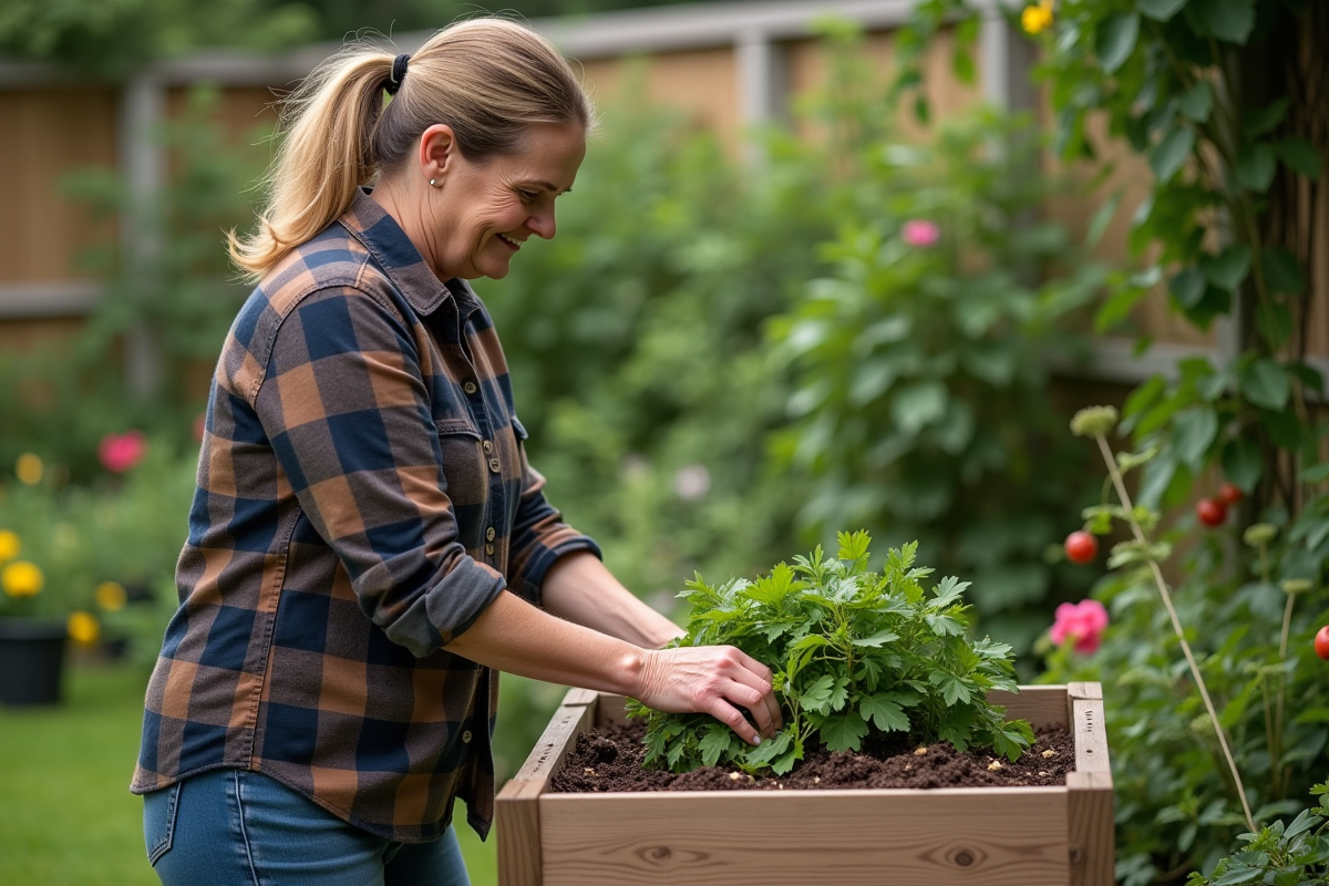 Femme en jeans et flanelle compostant dans le jardin