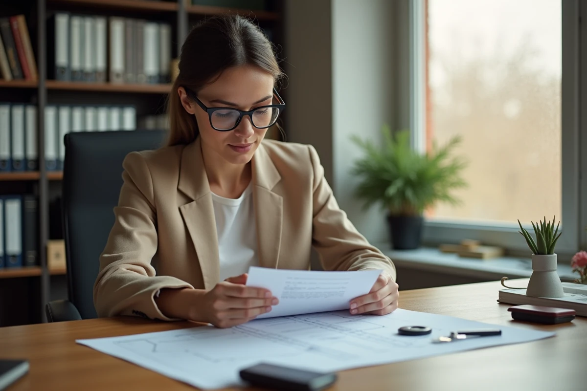 Femme consultant un contrat d'assurance pour un box garage avec des clés de voiture sur le bureau