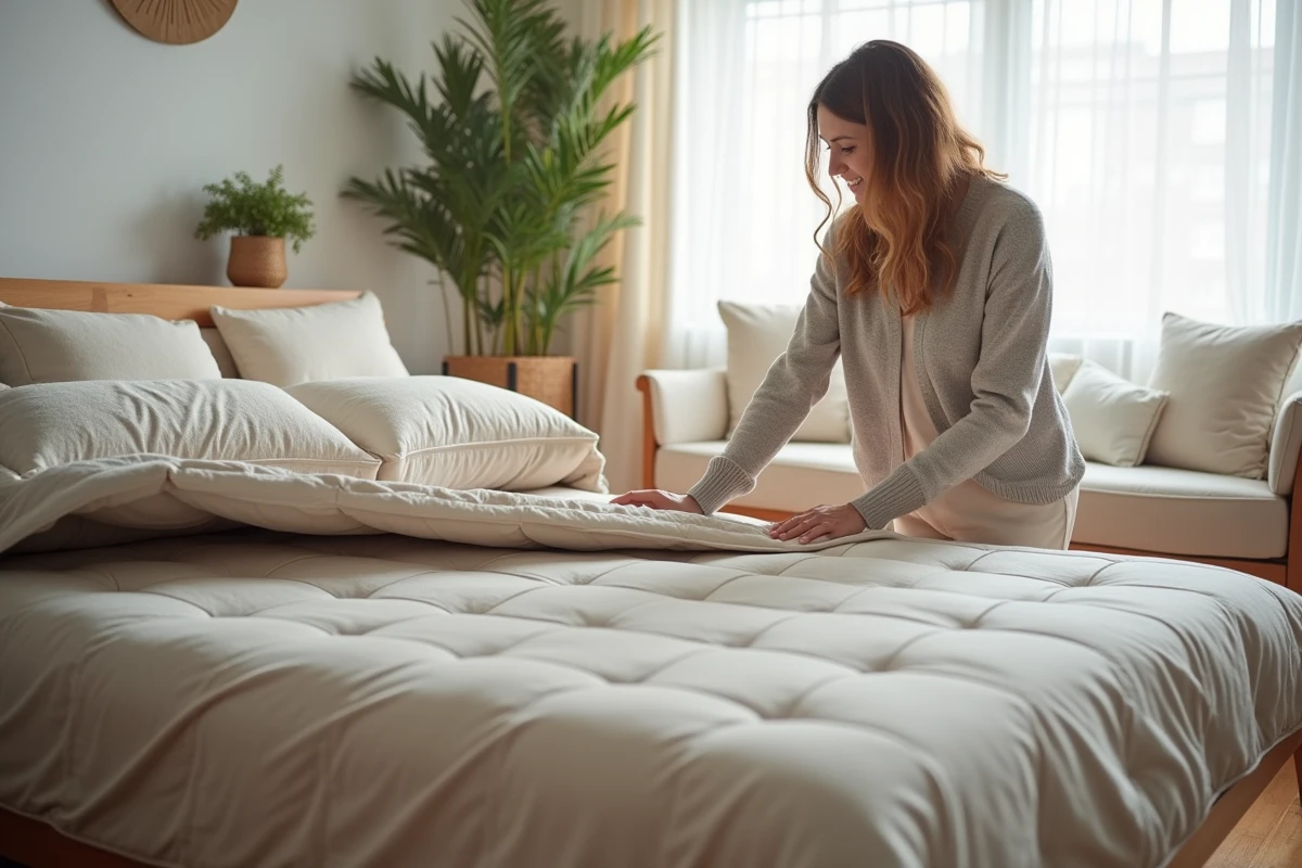 Femme en homewear posant une couette sur un canapé moderne