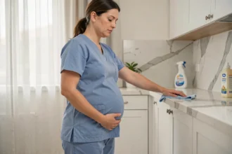 Femme de ménage enceinte essuyant un plan de travail dans une cuisine moderne, une main posée sur son ventre