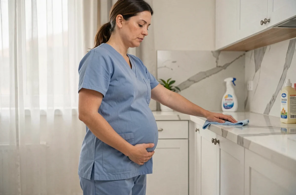Femme de ménage enceinte essuyant un plan de travail dans une cuisine moderne, une main posée sur son ventre