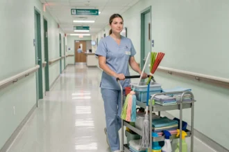 Femme de ménage en hôpital poussant un chariot de nettoyage dans un couloir hospitalier