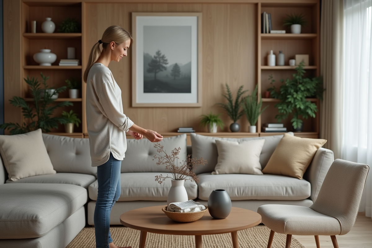 Femme arrangeant des objets decoratifs dans un salon