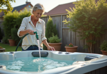 Quand vider son spa avant les vacances : conseils pratiques pour le laisser en sécurité Femme vidant un spa extérieur dans un jardin calme