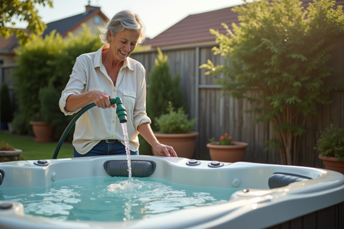 femme-drainage-spa-jardin Femme vidant un spa extérieur dans un jardin calme