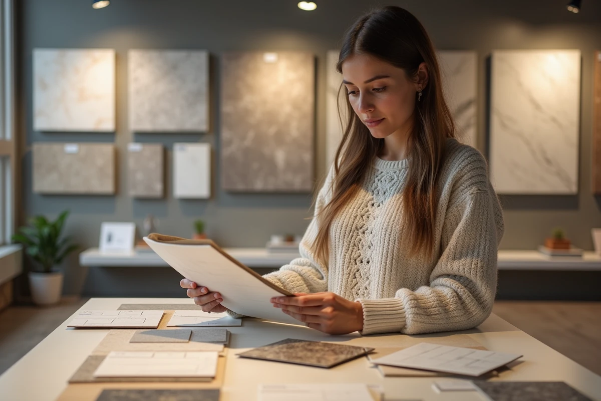 Jeune femme examinant des échantillons de carrelage en showroom