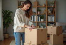 Emballer un carton efficacement : astuces pratiques pour un emballage sans cacahuètes Jeune femme emballant un colis dans un salon cosy