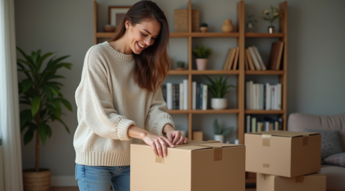 Jeune femme emballant un colis dans un salon cosy