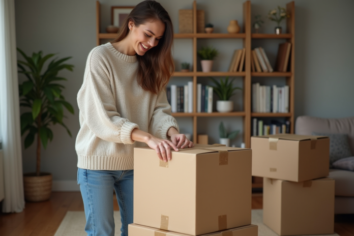 Jeune femme emballant un colis dans un salon cosy