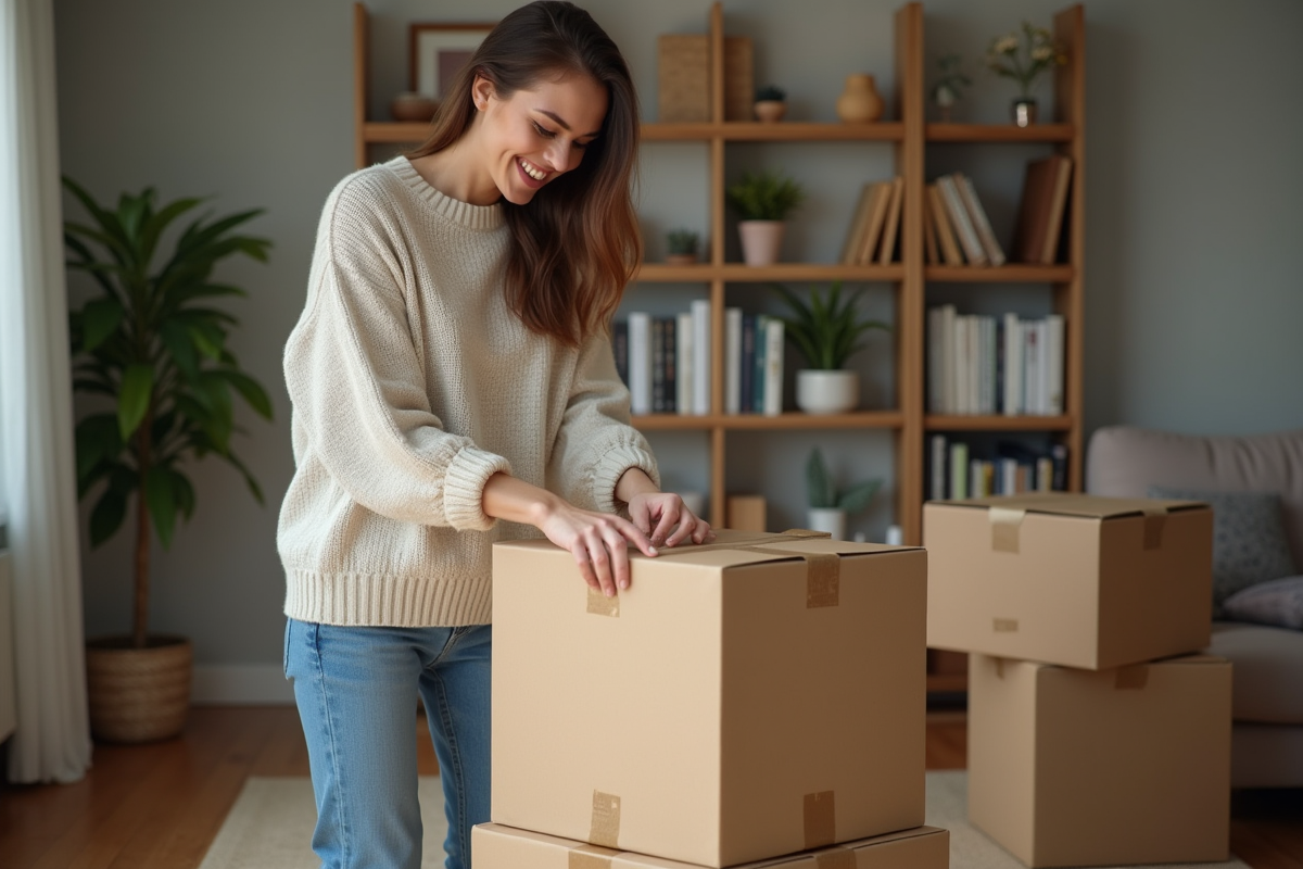Jeune femme emballant un colis dans un salon cosy