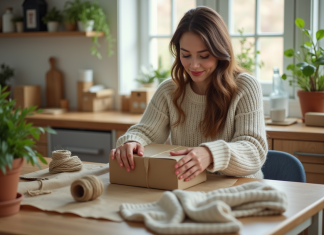 Colis Vinted sans carton : astuces et alternatives pour envoyer vos colis écologiquement Jeune femme emballant une robe d'occasion dans du papier recyclé
