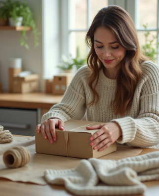 Jeune femme emballant une robe d'occasion dans du papier recyclé