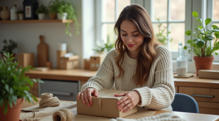 Jeune femme emballant une robe d'occasion dans du papier recyclé