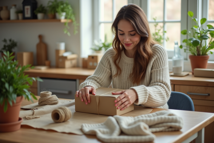 femme-emballage-vetement-eco Jeune femme emballant une robe d'occasion dans du papier recyclé