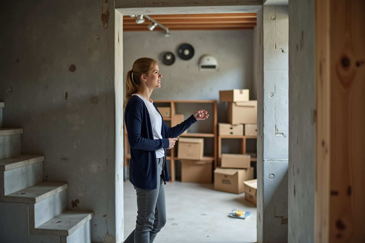Jeune femme indique des luminaires au plafond dans un sous-sol en travaux