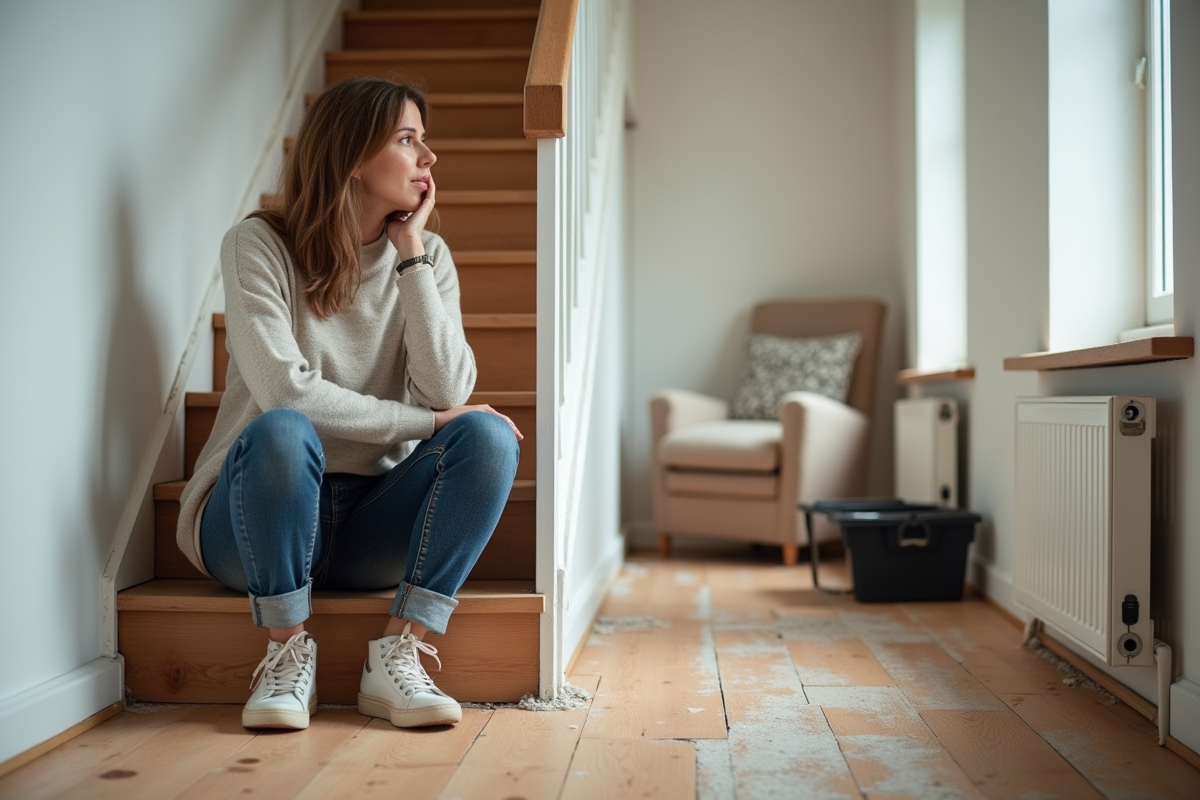 Femme évalue le coût de retrait de parquet collé