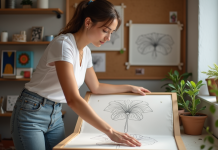 Imprimer dessin sur tissu : Technique et astuces pour des créations uniques Femme en studio transférant un dessin botanique sur tissu blanc