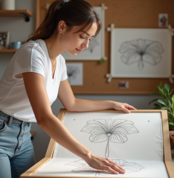 Imprimer dessin sur tissu : Technique et astuces pour des créations uniques Femme en studio transférant un dessin botanique sur tissu blanc