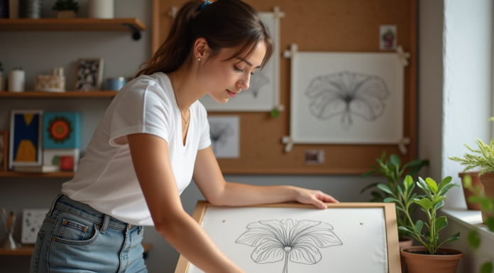 Femme en studio transférant un dessin botanique sur tissu blanc