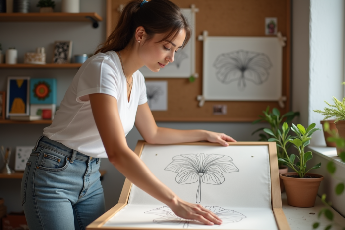 femme-impression-tissu-botanique Femme en studio transférant un dessin botanique sur tissu blanc