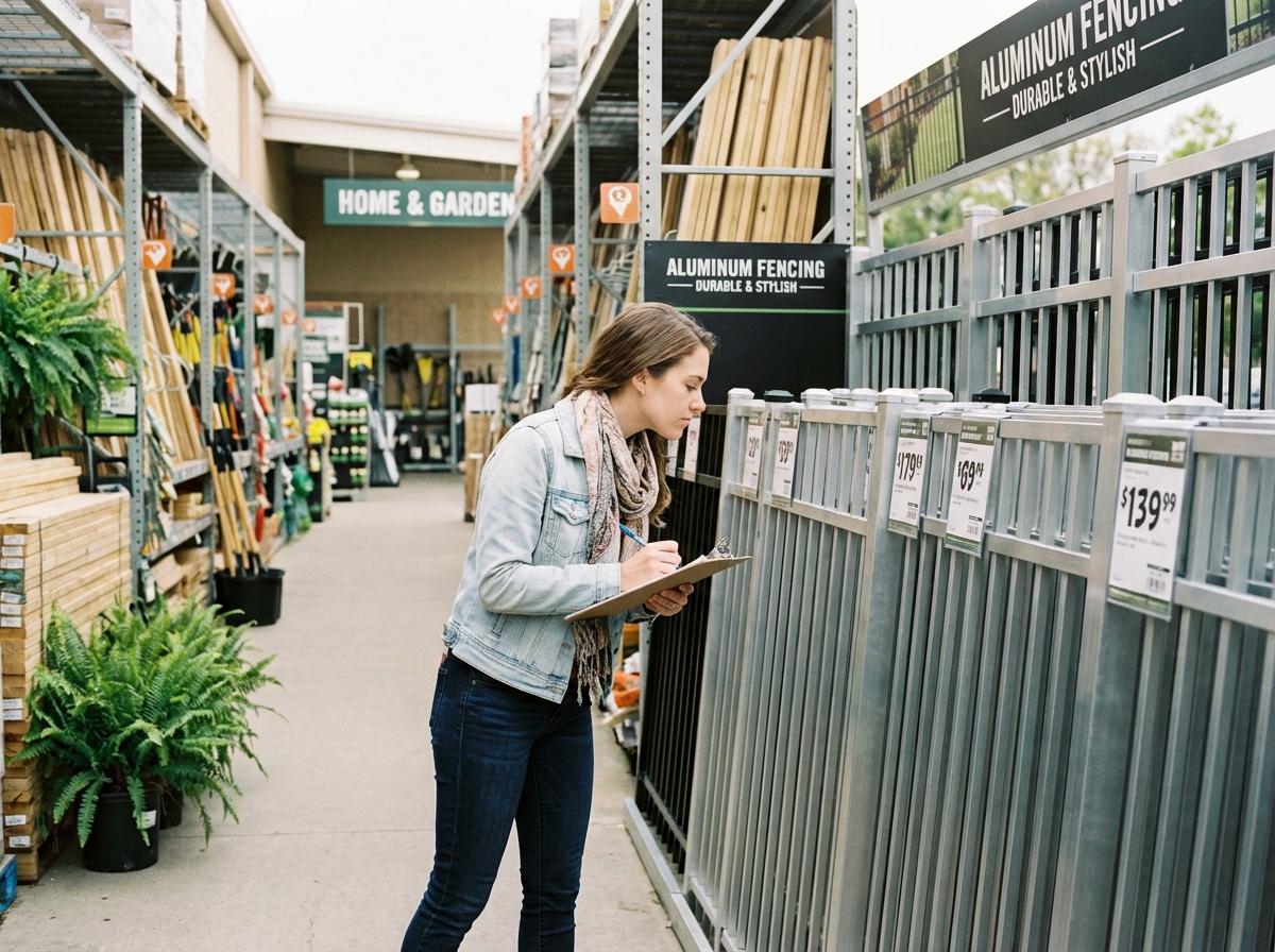 Jeune femme note sur un clipboard devant une cloture aluminium